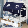 Twin House Bed with Storage Drawers & Dustproof Tent, Solid Wood Montessori Bed Frame with House Roof & Rails for Boys Girls Teens