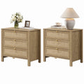 Surmoby Oak Boho 3 - Drawer Nightstand Set of 2 - Extra Wide Storage Night Stand with Gold Handles Large&Tall Bed Side Table for Bedroom Living Room Enterway