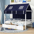 Twin House Bed with Storage Drawers & Dustproof Tent, Solid Wood Montessori Bed Frame with House Roof & Rails for Boys Girls Teens