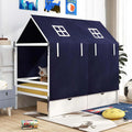Twin House Bed with Storage Drawers & Dustproof Tent, Solid Wood Montessori Bed Frame with House Roof & Rails for Boys Girls Teens
