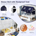 Twin House Bed with Storage Drawers & Dustproof Tent, Solid Wood Montessori Bed Frame with House Roof & Rails for Boys Girls Teens