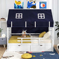 Twin House Bed with Storage Drawers & Dustproof Tent, Solid Wood Montessori Bed Frame with House Roof & Rails for Boys Girls Teens